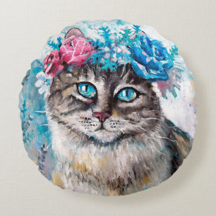 Cojín Redondo Gato en flor ordeñaba pintura al óleo sobre lienzo