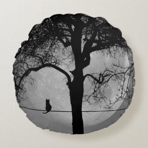 Cojín Redondo Gato en una luna llena de cable