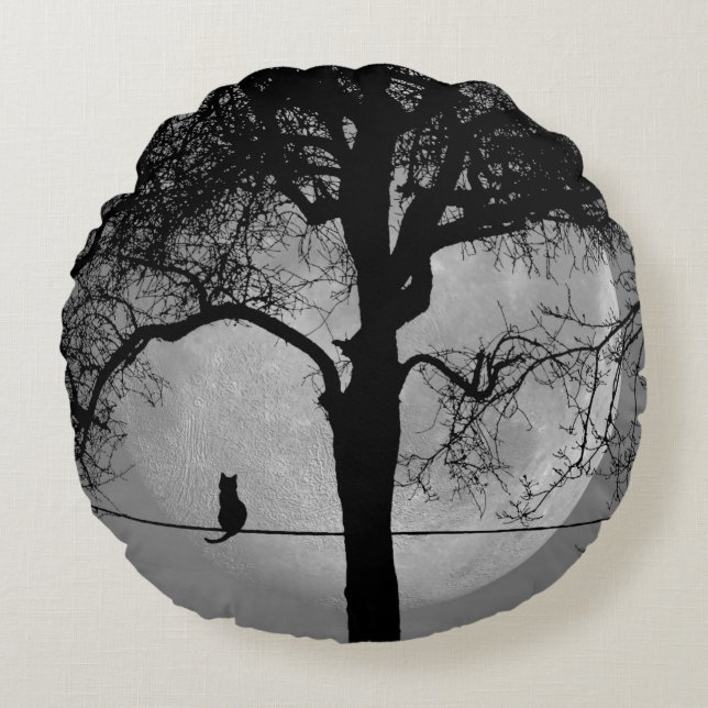 Cojín Redondo Gato en una luna llena de cable (Anverso)