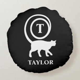 Cojín Redondo Gato Gatito Nombre Inicial Monograma Blanco Negro 