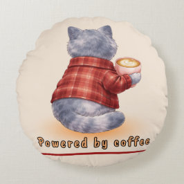 Cojín Redondo Gato "Impulsado por Café" sosteniendo una taza de 