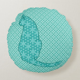 Cojín Redondo Gato japonés - Impresión de kimono turquesa