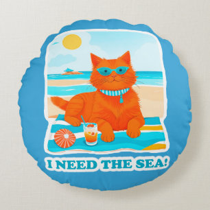 Cojín Redondo Gato Jengibre en la Playa Necesito el Mar Verano