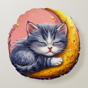 Cojín Redondo Gato lindo durmiendo descansando sobre una luna cr