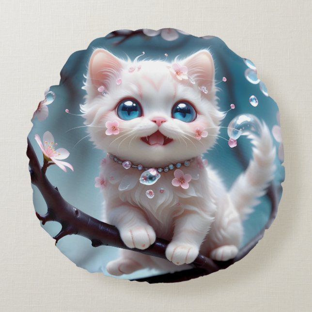 Cojín Redondo Gato lindo gato blanco misterioso y lindo personaj (Anverso)