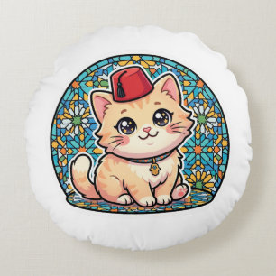 Cojín Redondo Gato marroquí Kawaii lindo con sombrero Fez Tarbou