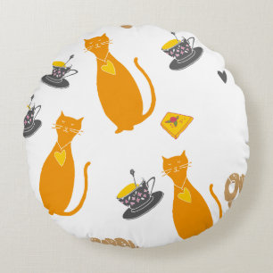 Cojín Redondo Gato Naranja Caprichoso y Patrón de Taza de Té