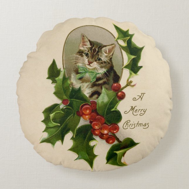 Cojín Redondo Gato Navidades Merry Holly Kitten Arte Antiguo (Anverso)