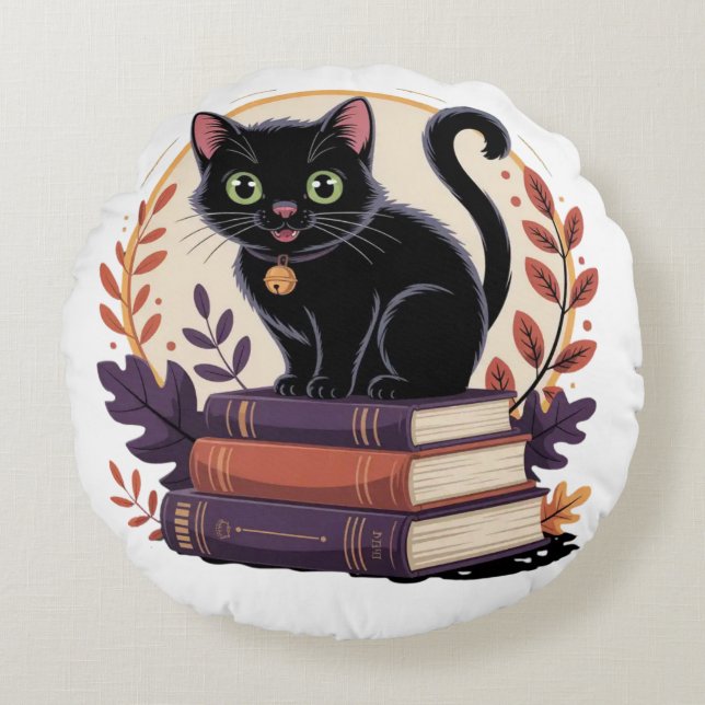 Cojín Redondo Gato negro Bookish - Pillow de los niños (Anverso)