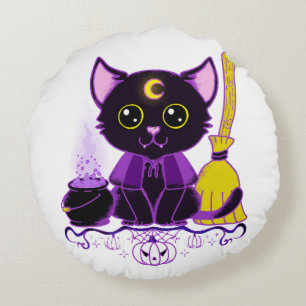 Cojín Redondo Gato negro brujo de Halloween lindo
