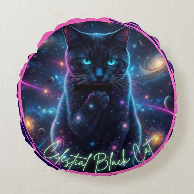 Cojín Redondo Gato Negro Celestial (Anverso)