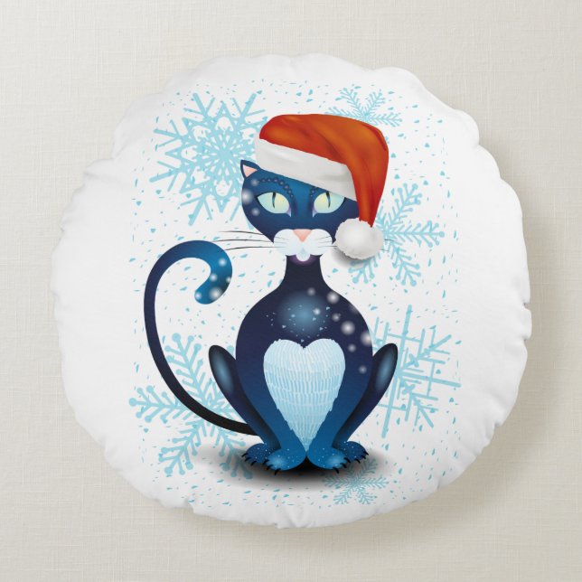 Cojín Redondo Gato negro con el Gorra de Santa (Anverso)