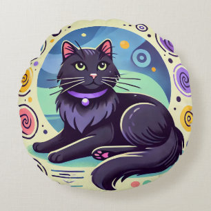 Cojín Redondo Gato negro con fondo de colores brillantes