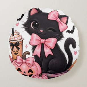 Cojín Redondo Gato negro coqueto de Halloween con lazos rosas