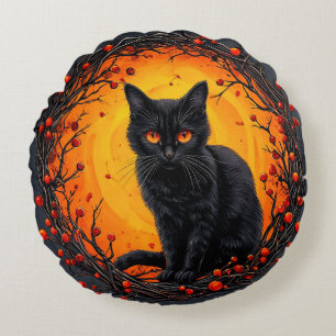 Cojín Redondo Gato negro de Halloween con ojos brillantes