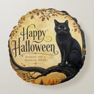 Cojín Redondo Gato negro de Halloween Luna llena Árbol