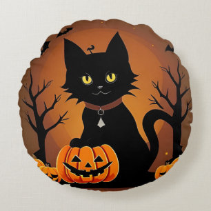 Cojín Redondo Gato negro de Halloween rodeado de Jack-o'-Lantern