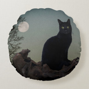 Cojín Redondo Gato negro de luna llena en un árbol