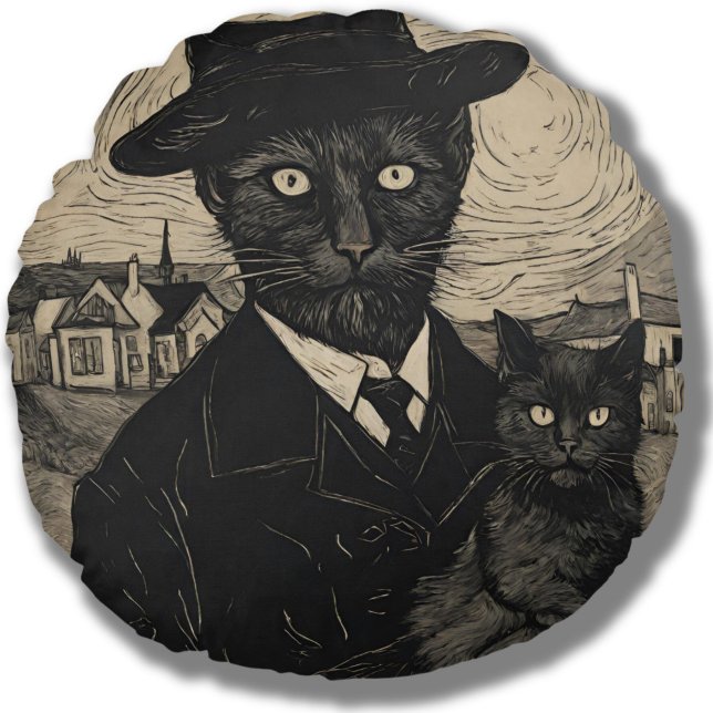 Cojín Redondo Gato negro de Van Gogh, Gótico caprichoso (Subido por el creador)