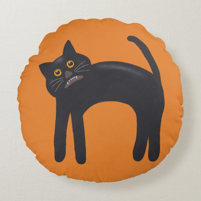 Cojín Redondo Gato negro espeluznante | Personalizar de Hallowee (Anverso)