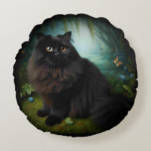 Cojín Redondo Gato negro esponjoso en los bosques misosos