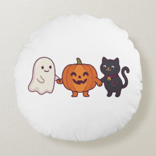 Cojín Redondo Gato Negro Fantasma Lindo y Jack O Lantern Hallowe