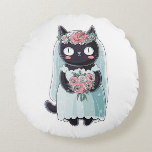 Cojín Redondo Gato negro kawaii lindo que lleva un velo