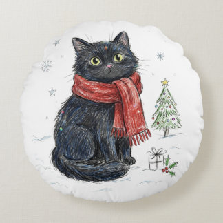 Cojín Redondo Gato negro lindo con bufanda roja Navidad árbol in