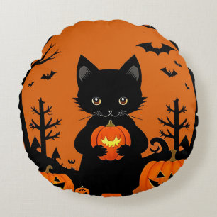 Cojín Redondo Gato negro lindo con calabazas de Halloween