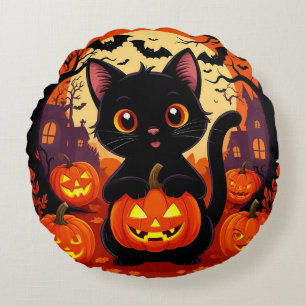 Cojín Redondo Gato negro lindo con calabazas de Halloween