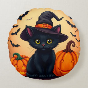 Cojín Redondo Gato negro lindo con sombrero de bruja rodeado de