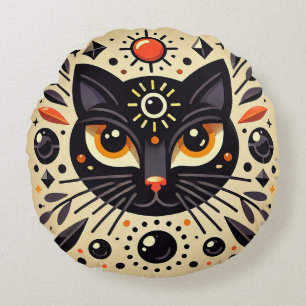 Cojín Redondo Gato Negro Místico Con Geometría Cósmica