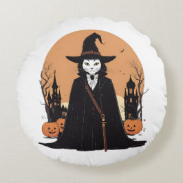 Cojín Redondo Gato negro místico salem con calabazas