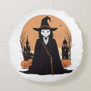 Cojín Redondo Gato negro místico salem con calabazas