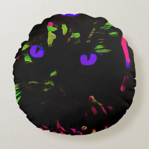 Cojín Redondo Gato negro neón con ojos brillantes