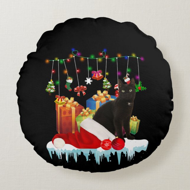 Cojín Redondo Gato Negro Presente De Mis Navidades (Anverso)
