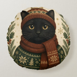 Cojín Redondo Gato negro vintage de Navidad