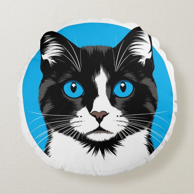 Cojín Redondo Gato negro y blanco con ojos azules (Anverso)