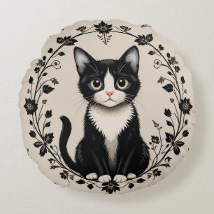 Cojín Redondo Gato negro y blanco elegante