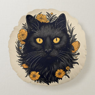 Cojín Redondo Gato negro y flores amarillas