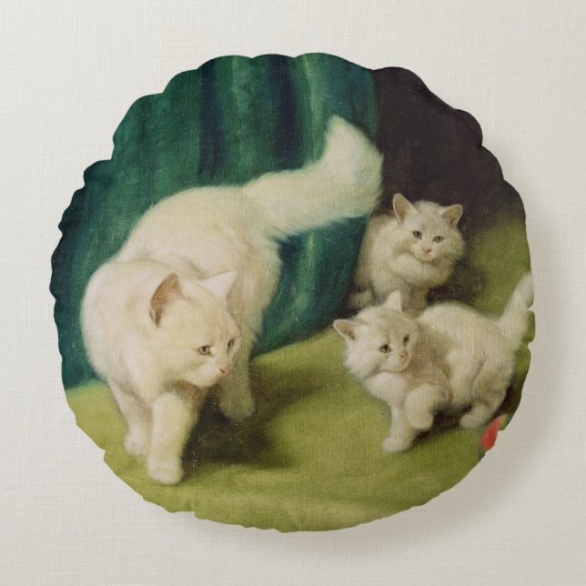 Cojín Redondo Gato persa blanco con dos gatitos (Anverso)