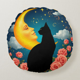 Cojín Redondo Gato sentado ante la luna con rosas y cielo estrel