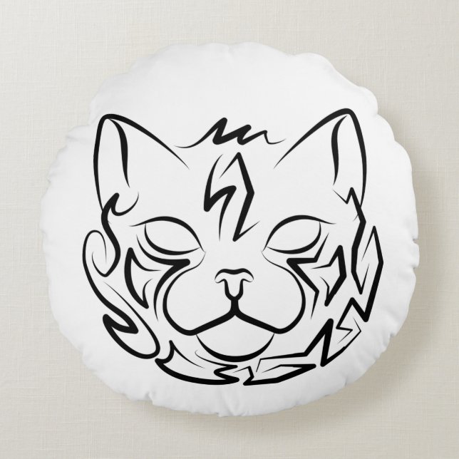 Cojín Redondo Gato tribal negro y blanco (Anverso)