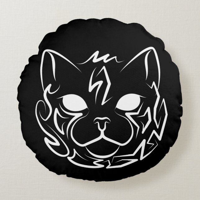 Cojín Redondo Gato tribal negro y blanco (Anverso)