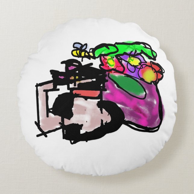 Cojín Redondo Gato y flores de primavera  (Anverso)