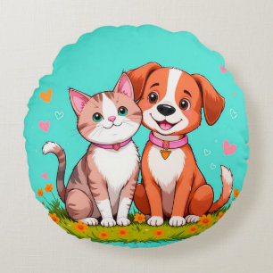 Cojín Redondo Gato y Perro de Dibujos Animados Adorables Sentado