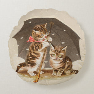Cojín Redondo Gatos antiguos bajo paraguas arte de gato antiguo