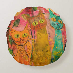 Cojín Redondo Gatos de acuarela Boho - Arte felino de tierra (2)