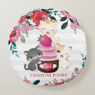 Cojín Redondo Gatos de dibujos animados florales caprichosos Cup