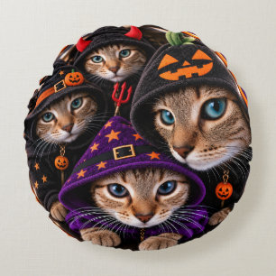 Cojín Redondo Gatos de Halloween con Sombreros de Bruja